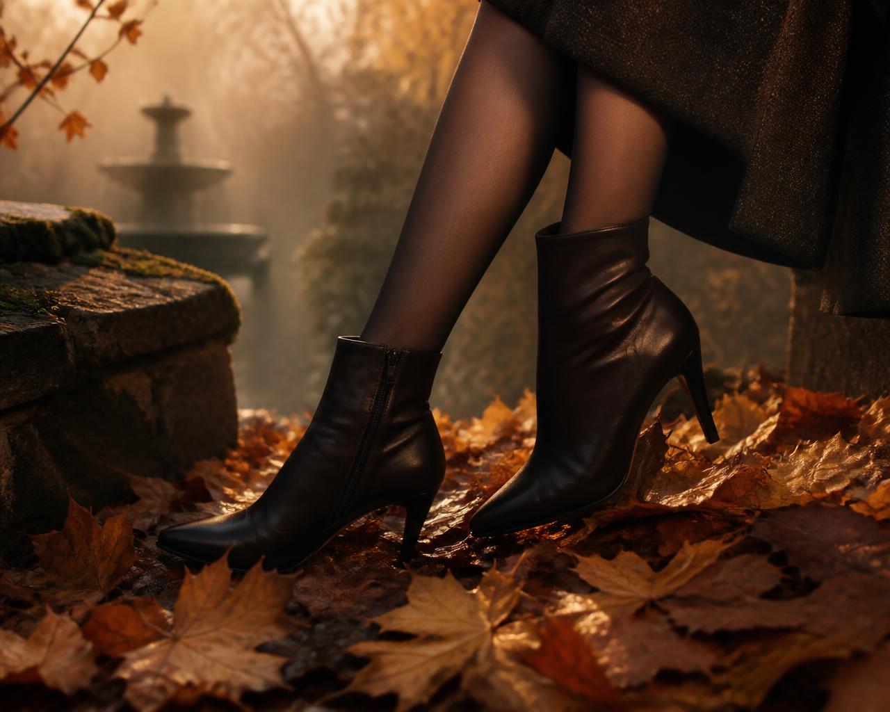 Pieds en nylon fin et bottines en cuir sombre posés sur des feuilles dorées au crépuscule