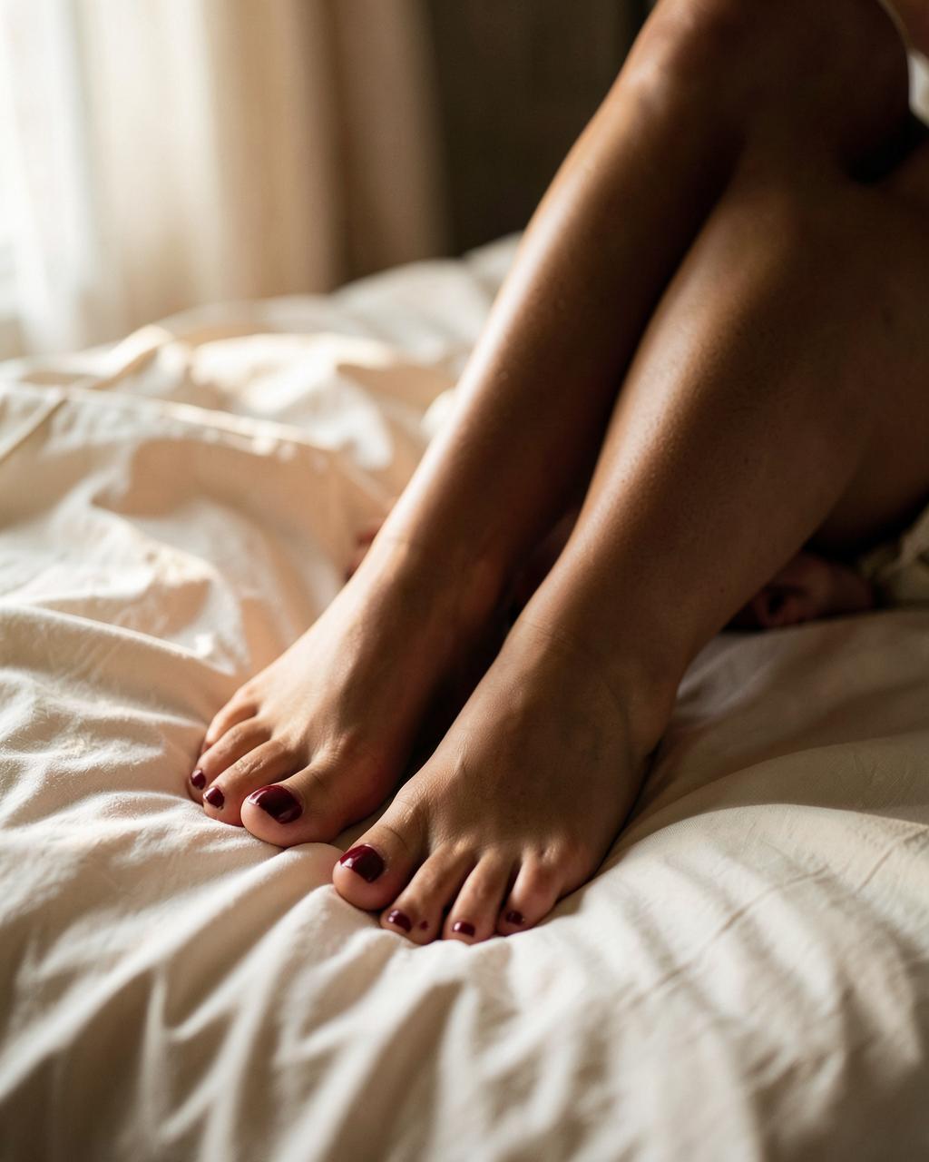Bare feet with a deep red pedicure resting on ivory linen in soft morning window light