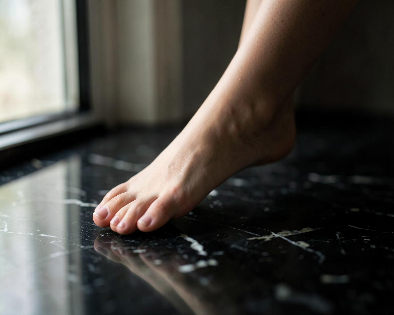 Bare arched foot with a natural pedicure resting on dark polished marble in soft window light