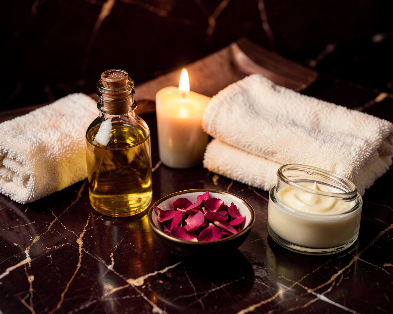 Foot care ritual on dark marble: golden oil, rose petals, ivory towels and candlelight