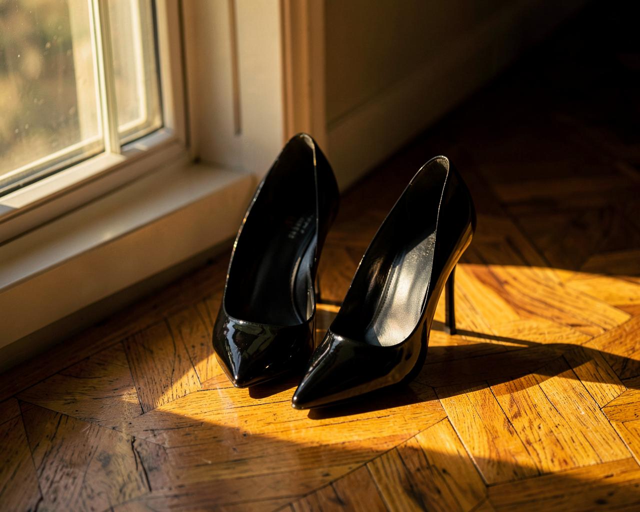 Black patent stiletto pumps on herringbone parquet in warm afternoon light