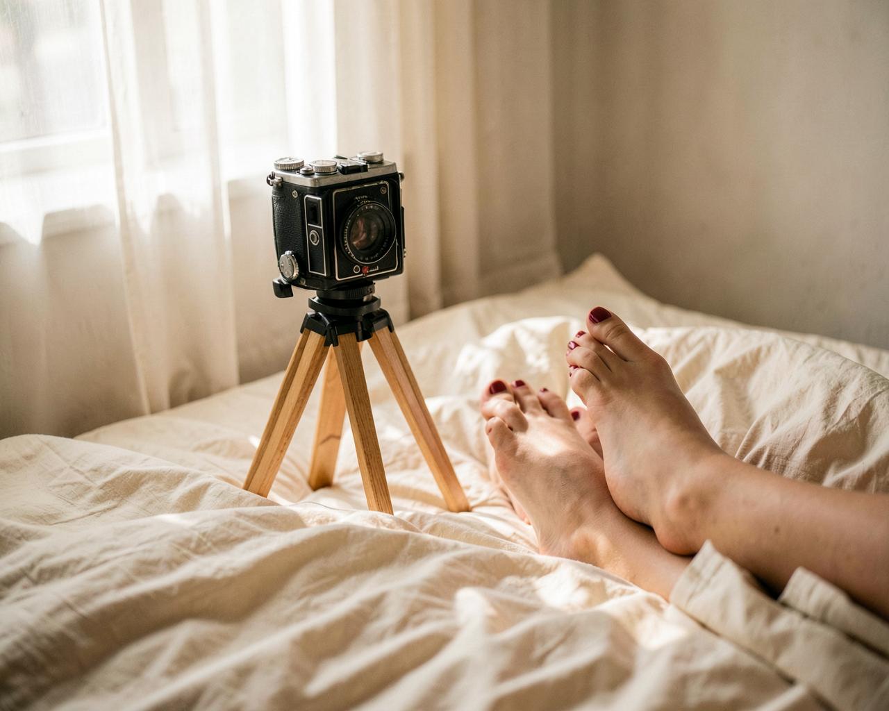 Un appareil argentique sur un trépied en bois face à un lit défait en lin dans la lumière du matin, des pieds nus à la pédicure rouge posés sur les draps