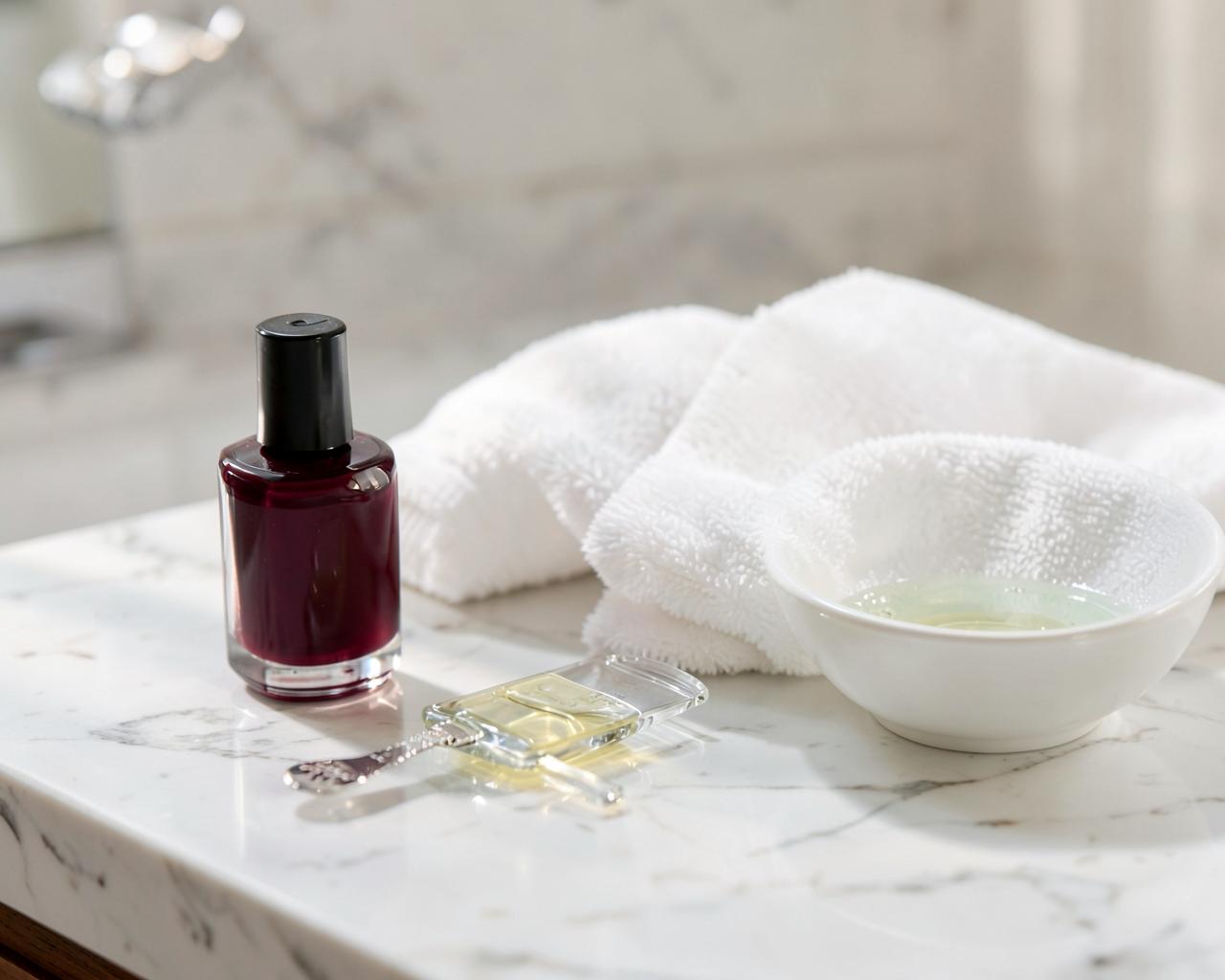 Bordeaux nail lacquer, glass file, oil and a white towel on a marble bathroom counter