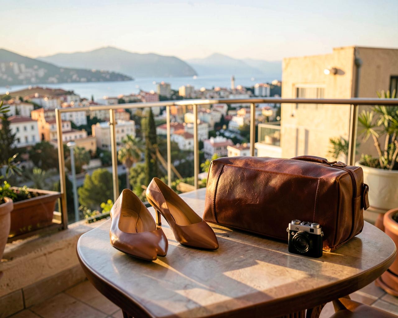 Heels, a leather travel case and a small camera on a sunlit hotel balcony table overlooking the sea